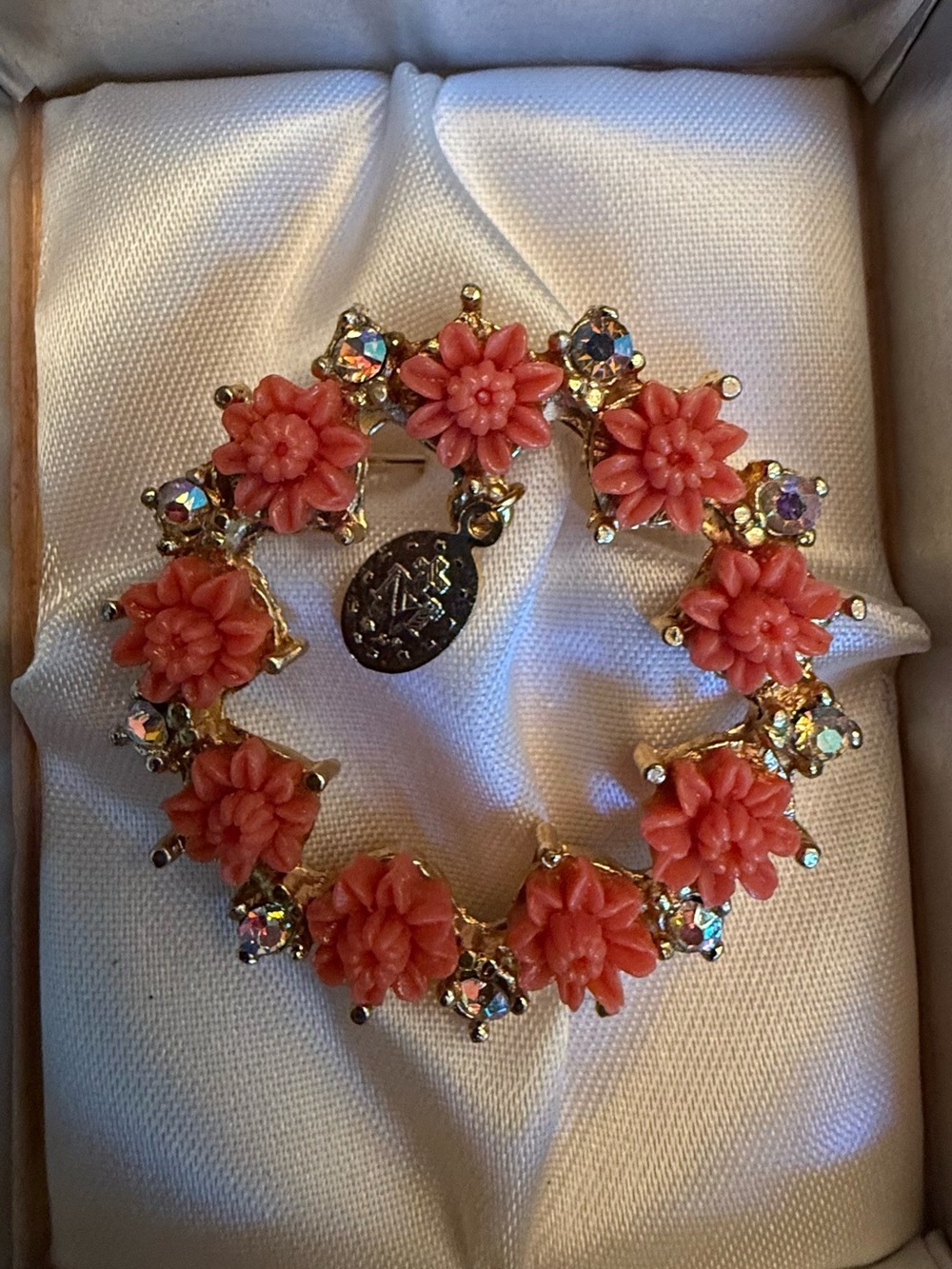 Vintage Virgin Mary Miraculous Medal Coral Flower Rhinestone Wreath Brooch